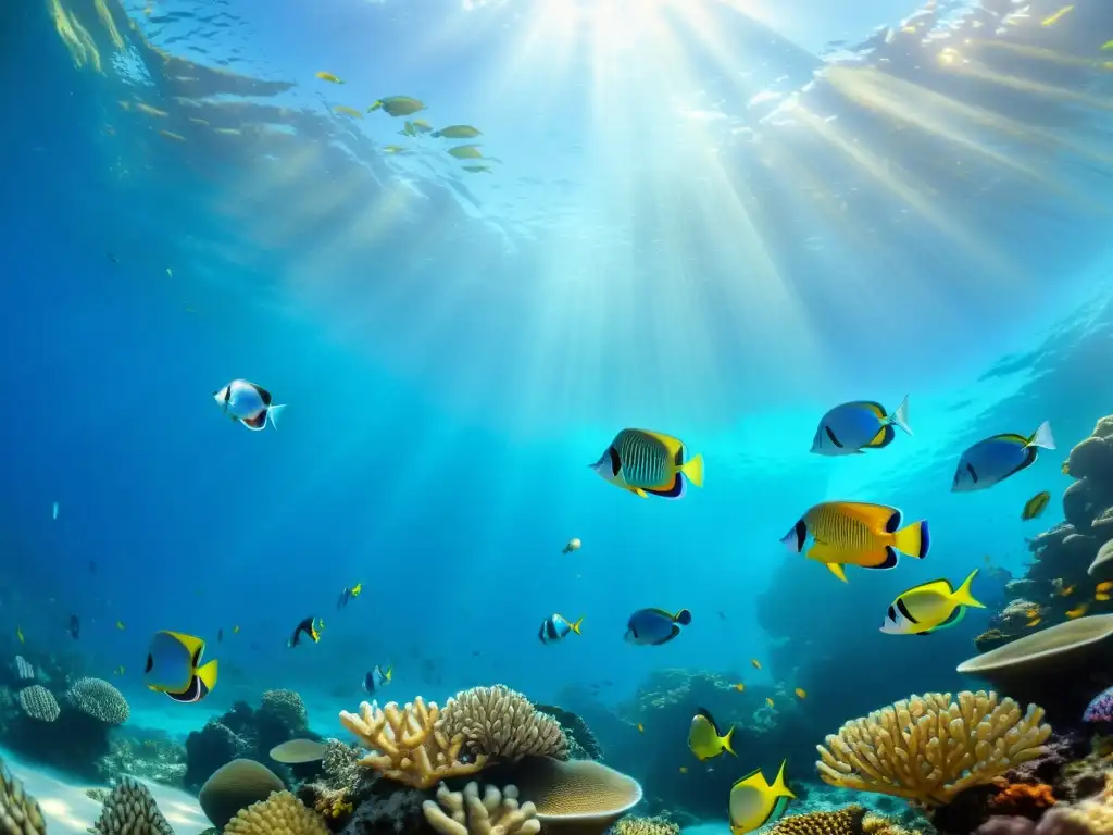 Un arrecife de coral lleno de peces tropicales vibrantes, bañados por la luz del sol en aguas cristalinas