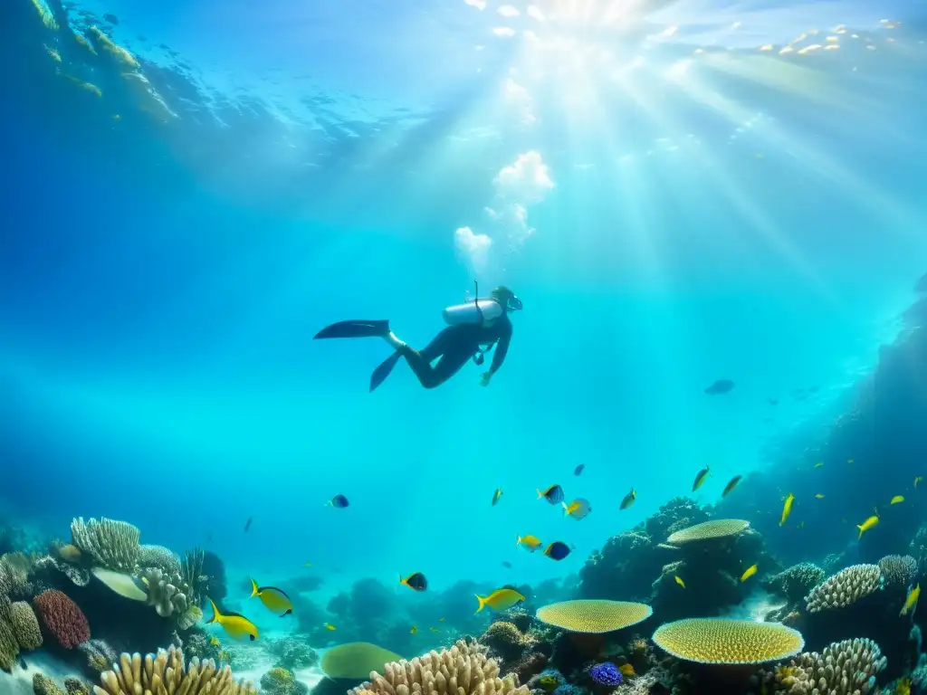 Un arrecife de coral lleno de vida rodeado de agua turquesa cristalina, creando una escena de belleza natural y tranquilidad