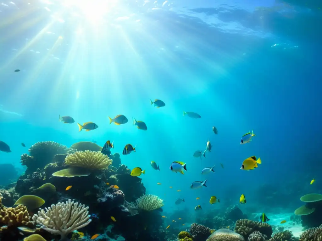 Un arrecife de coral lleno de vida marina vibrante bajo el agua con una filtración de luz cálida