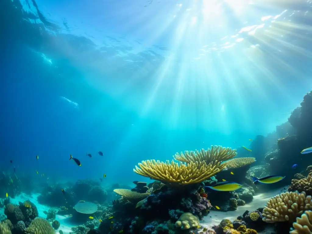 Explora un arrecife de coral lleno de vida marina y peces de colores bajo el agua cristalina