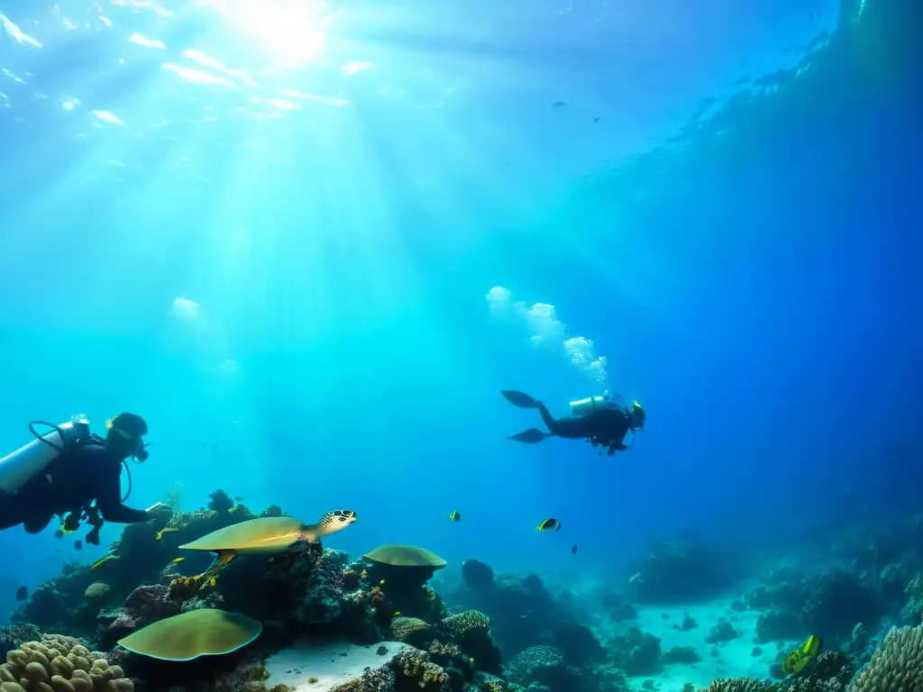 Un arrecife de coral lleno de vida marina, iluminado por rayos de sol