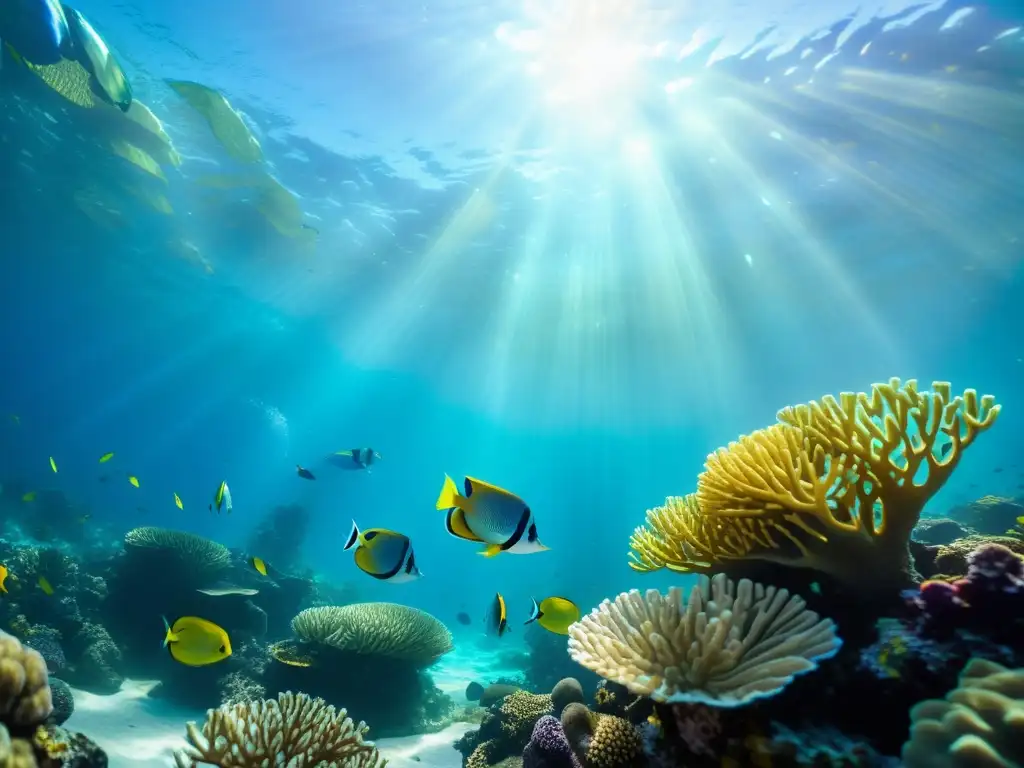 Un arrecife de coral lleno de vida marina colorida, con peces nadando entre los corales y la luz solar creando un brillo hipnotizante