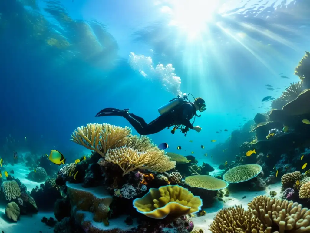 Exploración marina en arrecife de coral, con luz solar filtrándose y vida marina vibrante