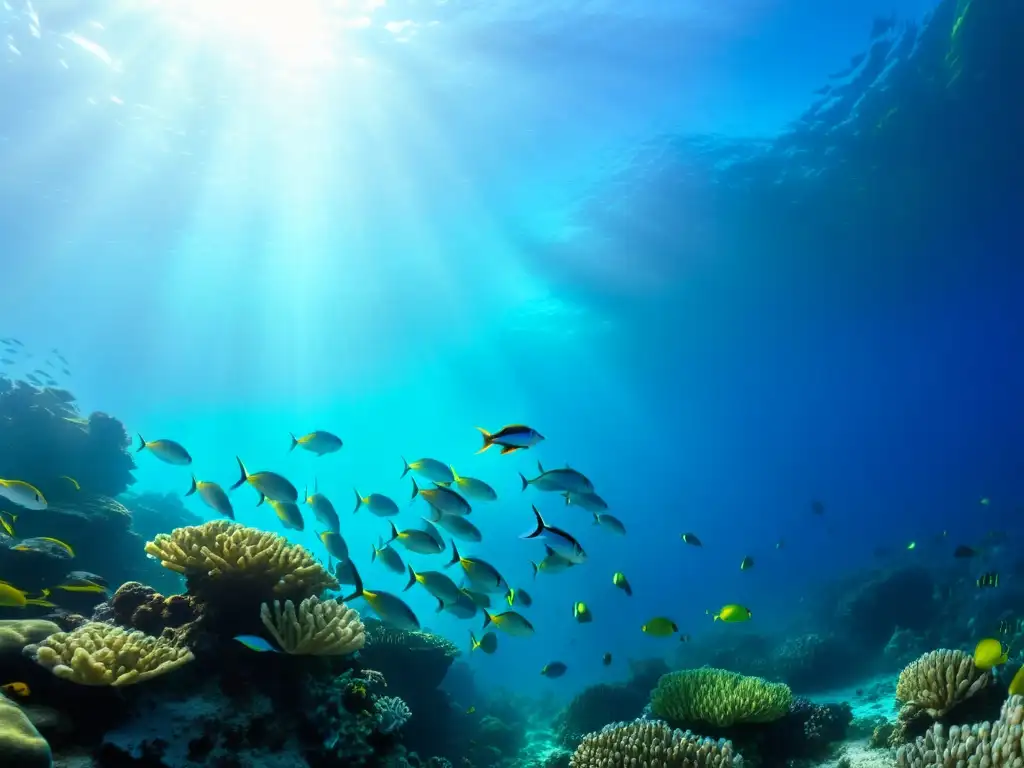 'Un arrecife de coral repleto de peces multicolores bajo la luz del sol, mostrando la diversidad del ecosistema marino
