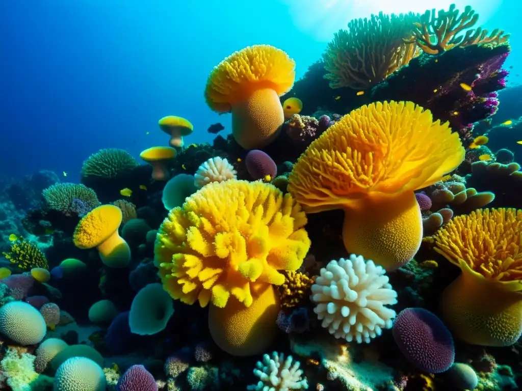 Un arrecife de coral submarino vibrante y colorido, con esponjas marinas de varias formas y tamaños, rodeadas de agua cristalina