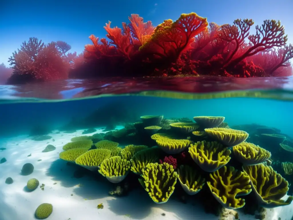 Un arrecife de coral una vez vibrante ahora cubierto por una marea roja, mostrando la lucha de la vida marina en aguas carentes de oxígeno