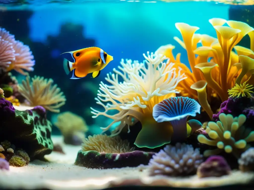 Un arrecife de coral vibrante en un acuario pequeño