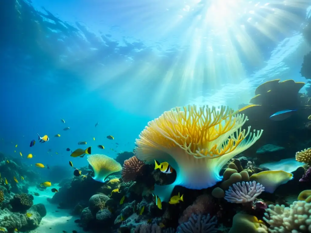 Un arrecife de coral vibrante y colorido, con peces y anémonas, bañado por la luz solar