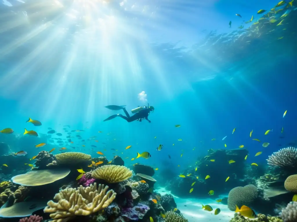 Un arrecife de coral vibrante y colorido, habitado por peces y plantas marinas, iluminado por la luz del sol