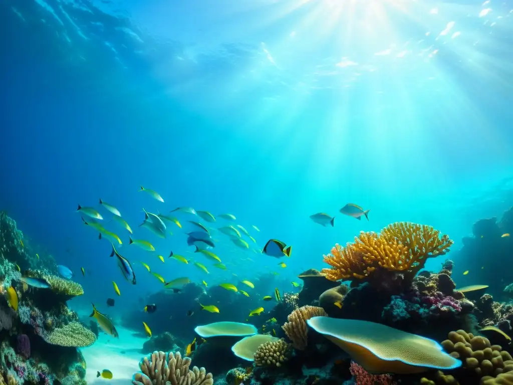 Un arrecife de coral vibrante y colorido, con peces nadando entre el coral mientras la luz del sol se filtra a través del agua