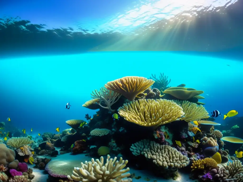 Un arrecife de coral vibrante y colorido con vida marina diversa, bajo agua cristalina