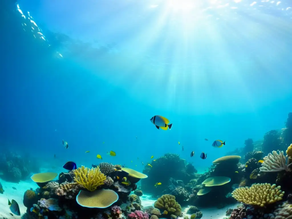 Arrecife de coral vibrante y diversa vida marina bajo el agua con un brillo etéreo