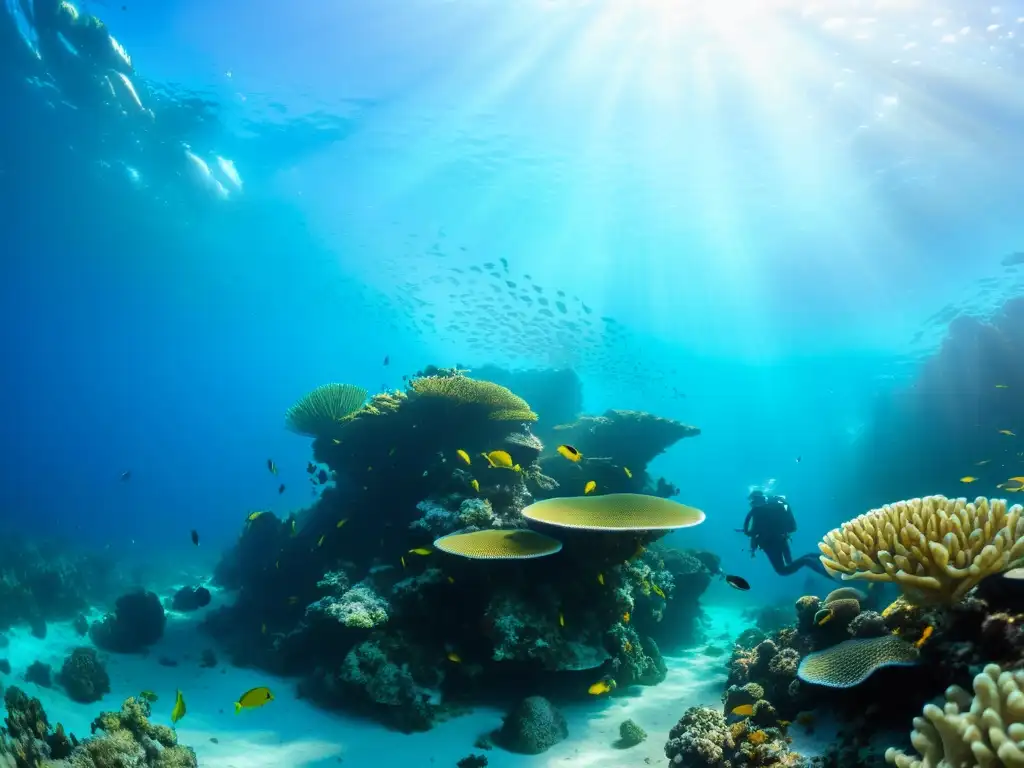 Un arrecife de coral vibrante y diversa vida marina bajo el agua, iluminado por el cálido sol