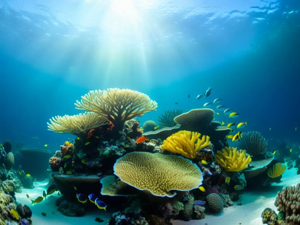 Un arrecife de coral vibrante y diverso en un entorno marino de aguas profundas