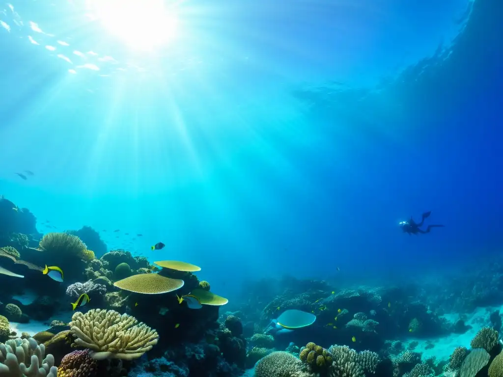 Un arrecife de coral vibrante y diverso, lleno de vida marina bajo el agua clara y azul, con peces tropicales y tortugas marinas