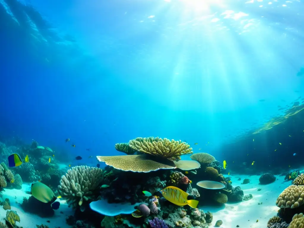 Un arrecife de coral vibrante y diverso, habitado por vida marina colorida, bajo la luz del sol