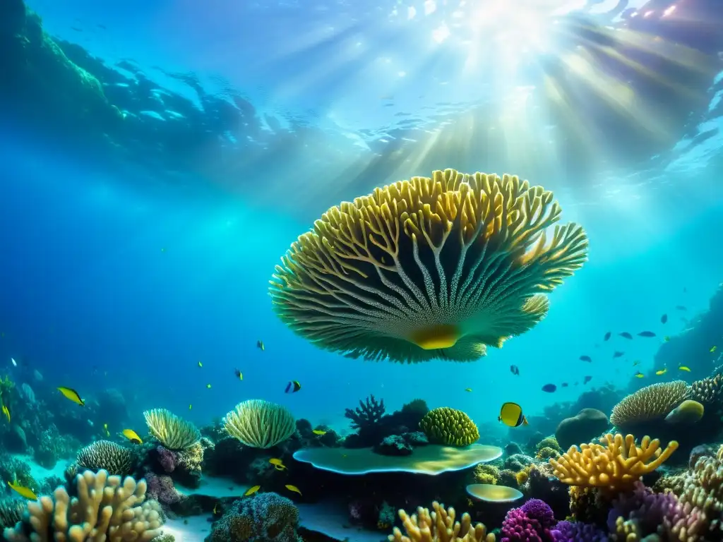 Un arrecife de coral vibrante y diverso, refugio de especies marinas en un mundo submarino de colores y vida