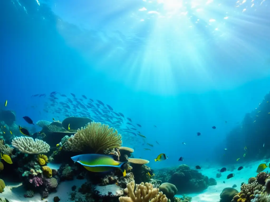 Un arrecife de coral vibrante y diverso, iluminado por el sol, refleja la importancia de los enfriadores de acuario para clima marino