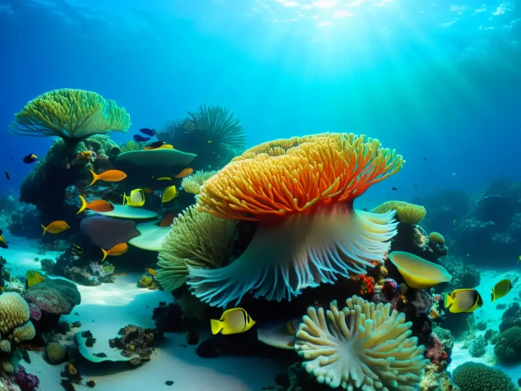 Un arrecife de coral vibrante y diverso, poblado de vida marina, bajo aguas cristalinas