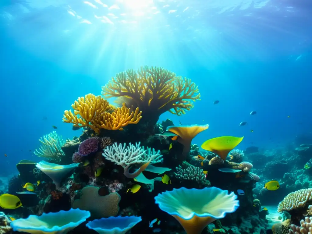 Arrecife de coral vibrante y diverso, hogar de vida marina en un hermoso escenario submarino