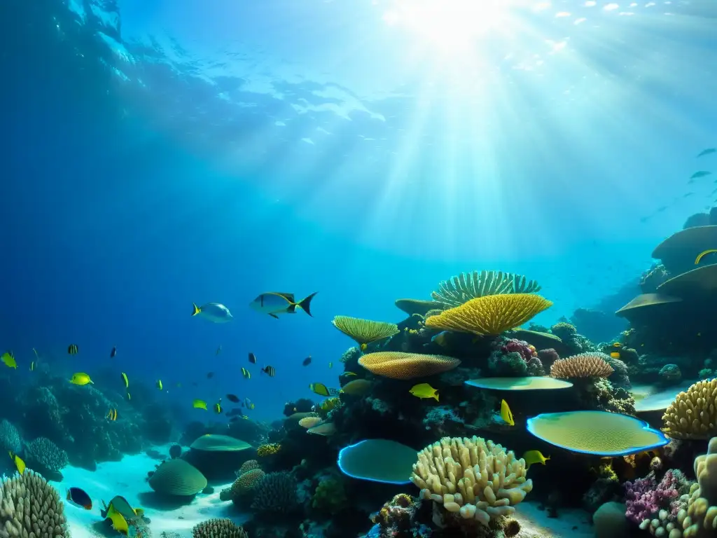 Un arrecife de coral vibrante y diverso bajo el agua, iluminado por el sol y habitado por peces coloridos