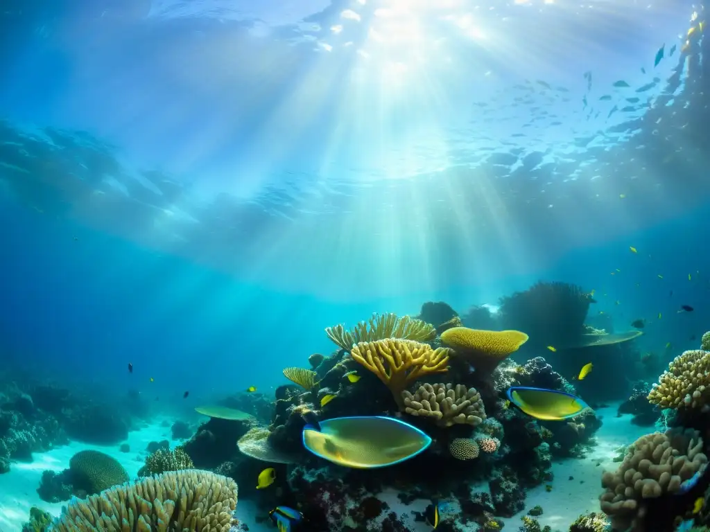 Un arrecife de coral vibrante y diverso, con peces coloridos, plantas marinas ondulantes y formaciones de coral