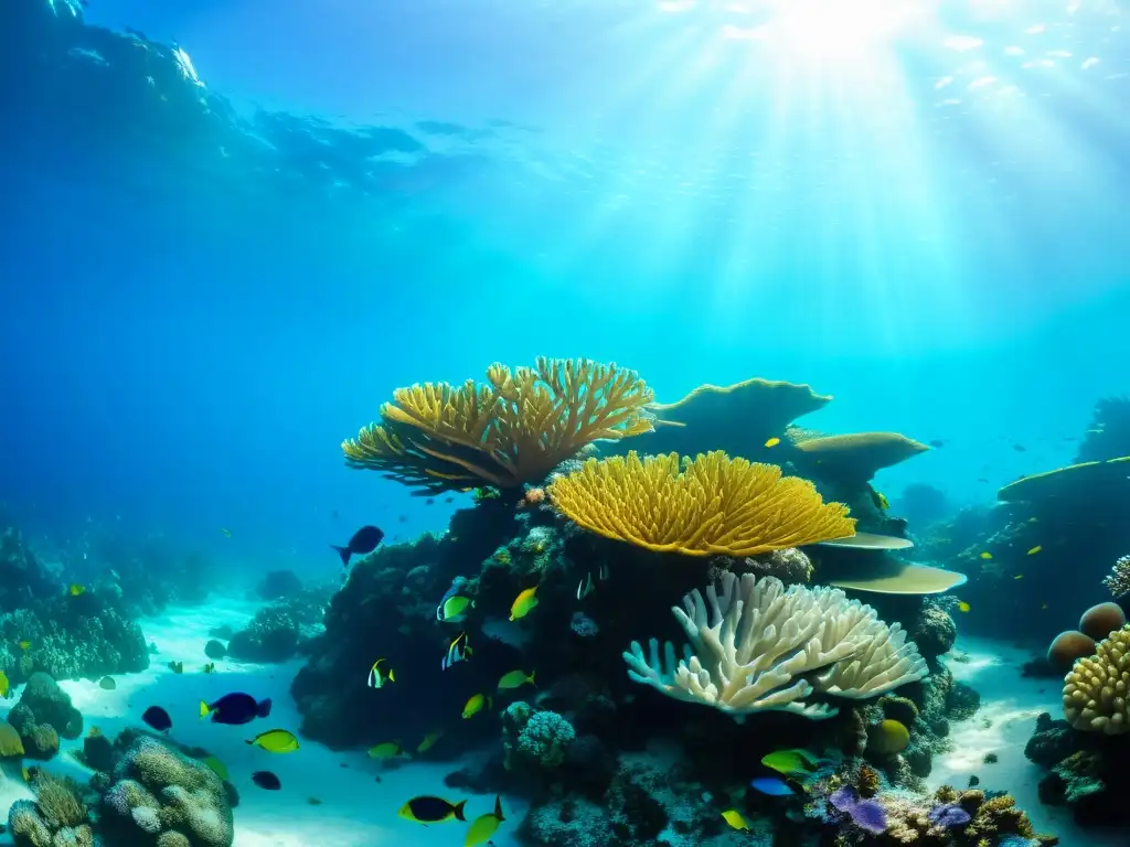 Un arrecife de coral vibrante y diverso bajo el agua, mostrando la belleza y biodiversidad marina, con impacto de La Niña en el clima