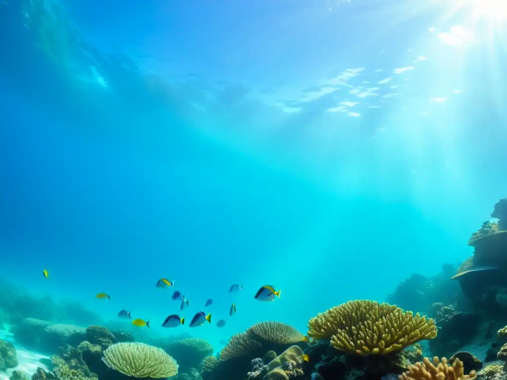 Un arrecife de coral vibrante y diverso, habitado por peces tropicales, iluminado por el sol y con la palabra clave 'Adaptación de comunidades costeras al Niño'