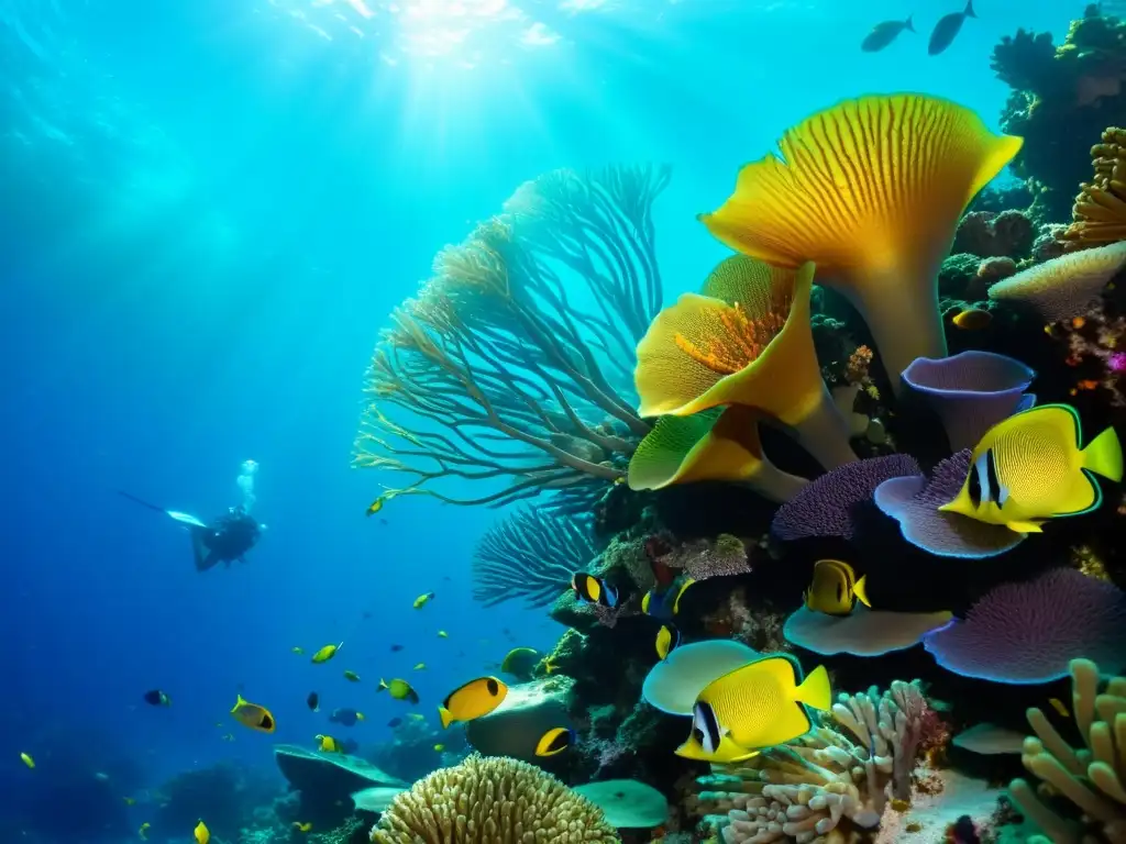 Un arrecife de coral vibrante y diverso, hogar de vida marina colorida en aguas cristalinas