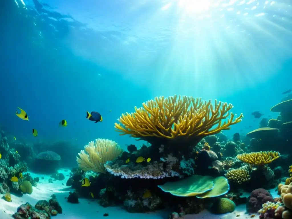 Un arrecife de coral vibrante y diverso, lleno de vida marina colorida, con impacto pesca artesanal mariscos