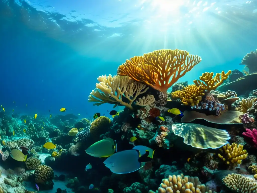 Un arrecife de coral vibrante y diverso bajo el cálido resplandor del sol, muestra los beneficios del colágeno marino para la piel