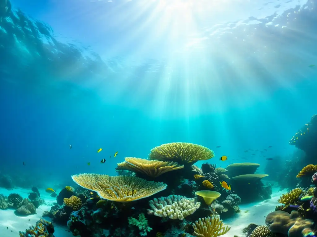 Un arrecife de coral vibrante y diverso, lleno de vida marina y bañado por aguas turquesas