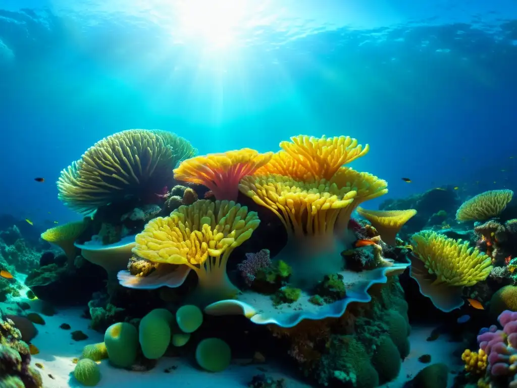 Un arrecife de coral vibrante y diverso, iluminado por el sol y habitado por una variedad de vida marina, beneficios oligoelementos marinos piel