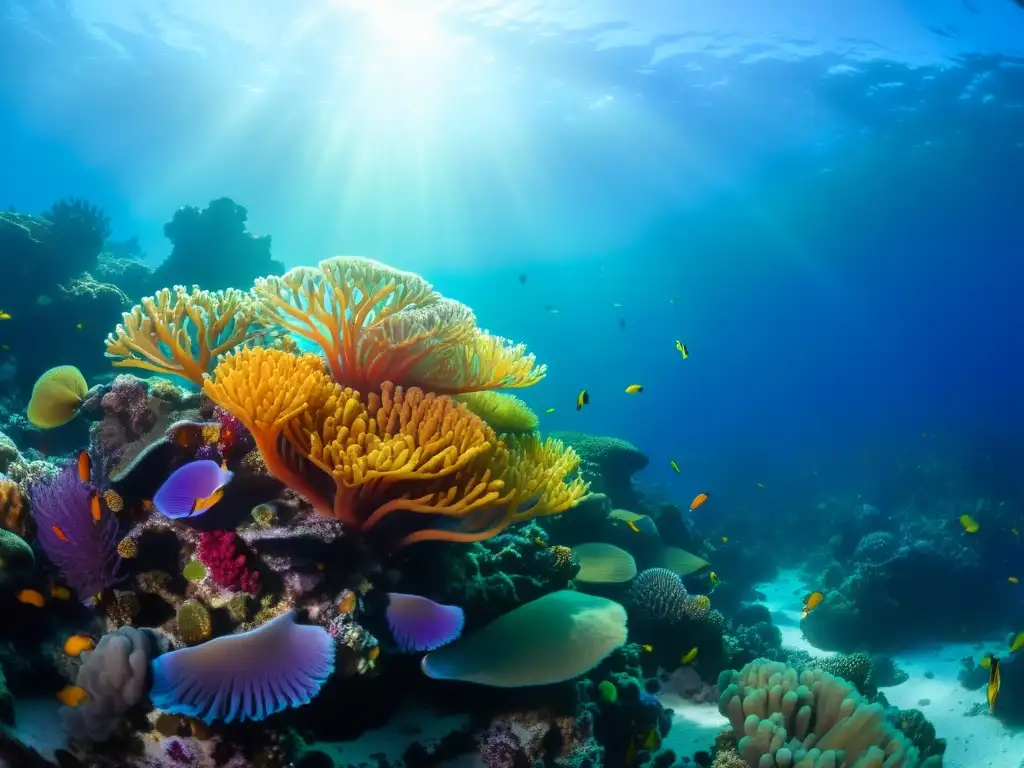 Un arrecife de coral vibrante y diverso, con vida en abundancia, muestra la belleza única y frágil del ecosistema marino