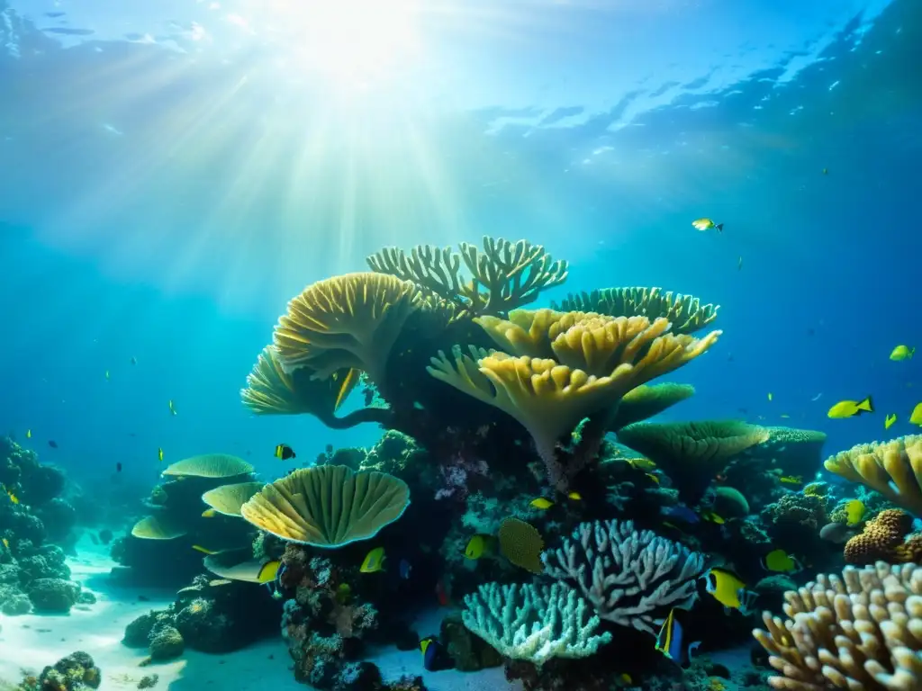 Un arrecife de coral vibrante y diverso, iluminado por la luz solar en aguas cristalinas