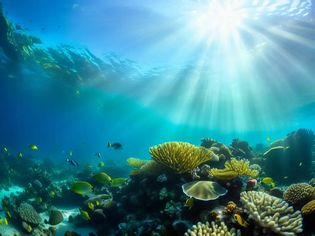 Un arrecife de coral vibrante y diverso, hogar de especies adaptadas a cambios de salinidad, bañado por la luz del sol en el fondo marino