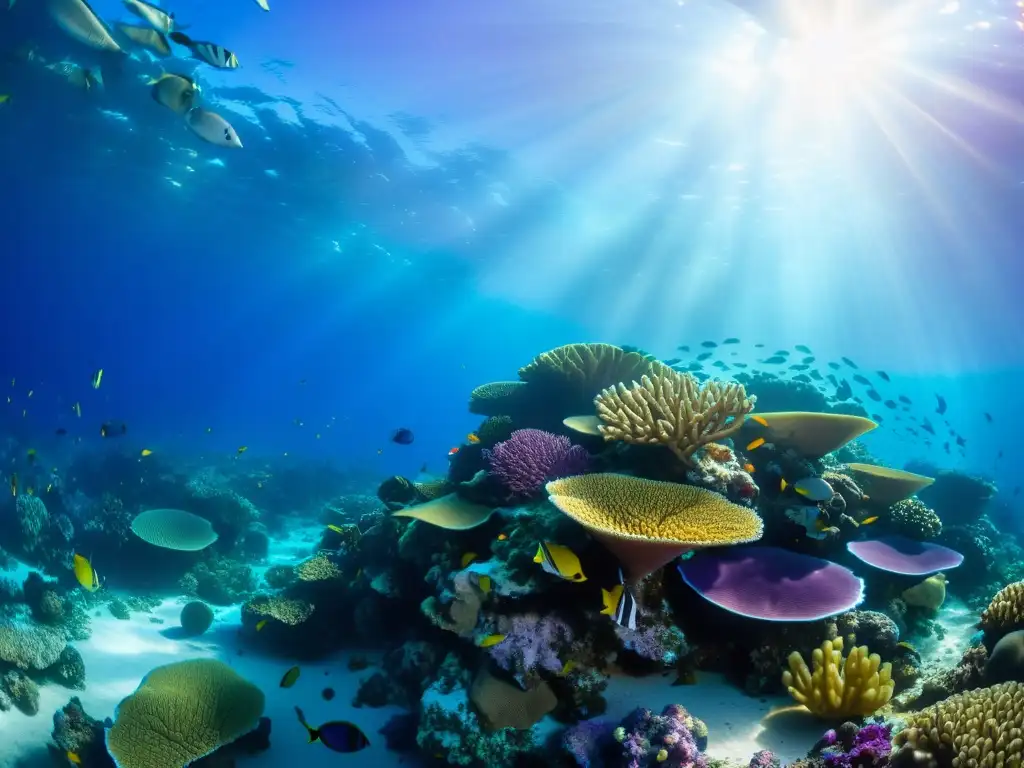 Un arrecife de coral vibrante y diverso, repleto de vida marina en tonos de púrpura, rosa y naranja