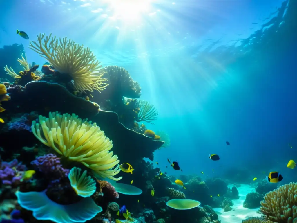 Un arrecife de coral vibrante y diverso bajo el agua, iluminado por rayos de sol, resaltando el ecosistema marino