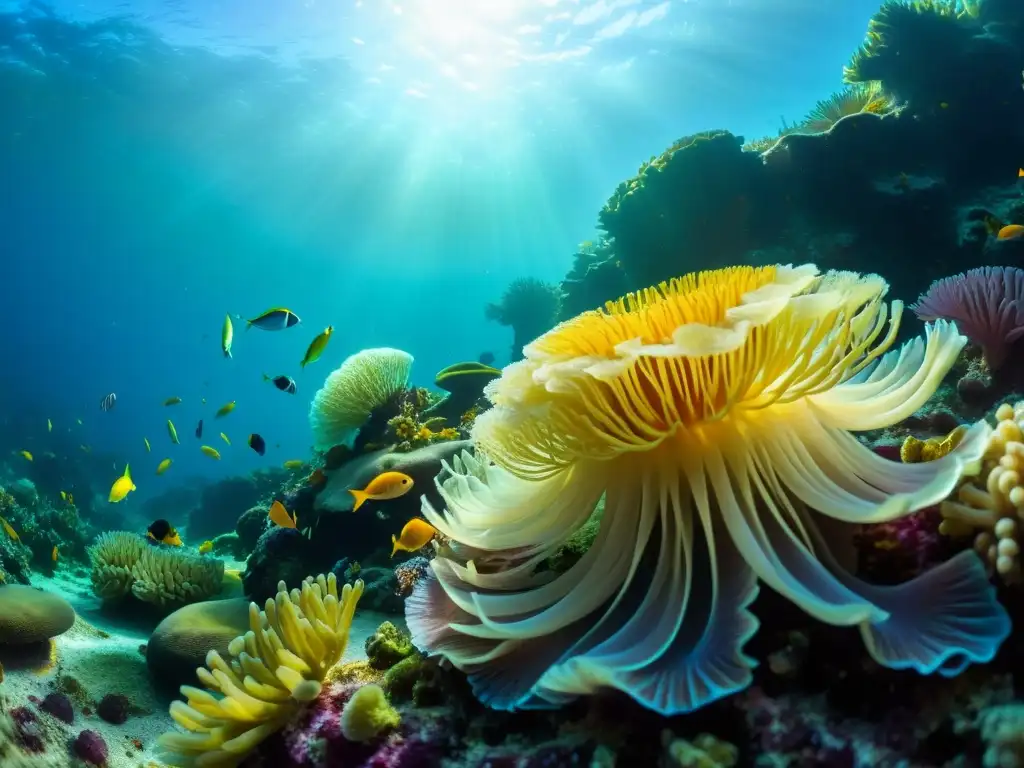 Un arrecife de coral vibrante y diverso, con anémonas de mar, algas ondeantes y peces intrincados, bajo el agua cristalina y la luz solar