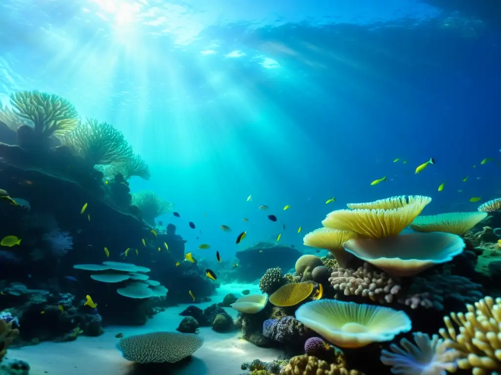 Un arrecife de coral vibrante y etéreo, repleto de vida marina