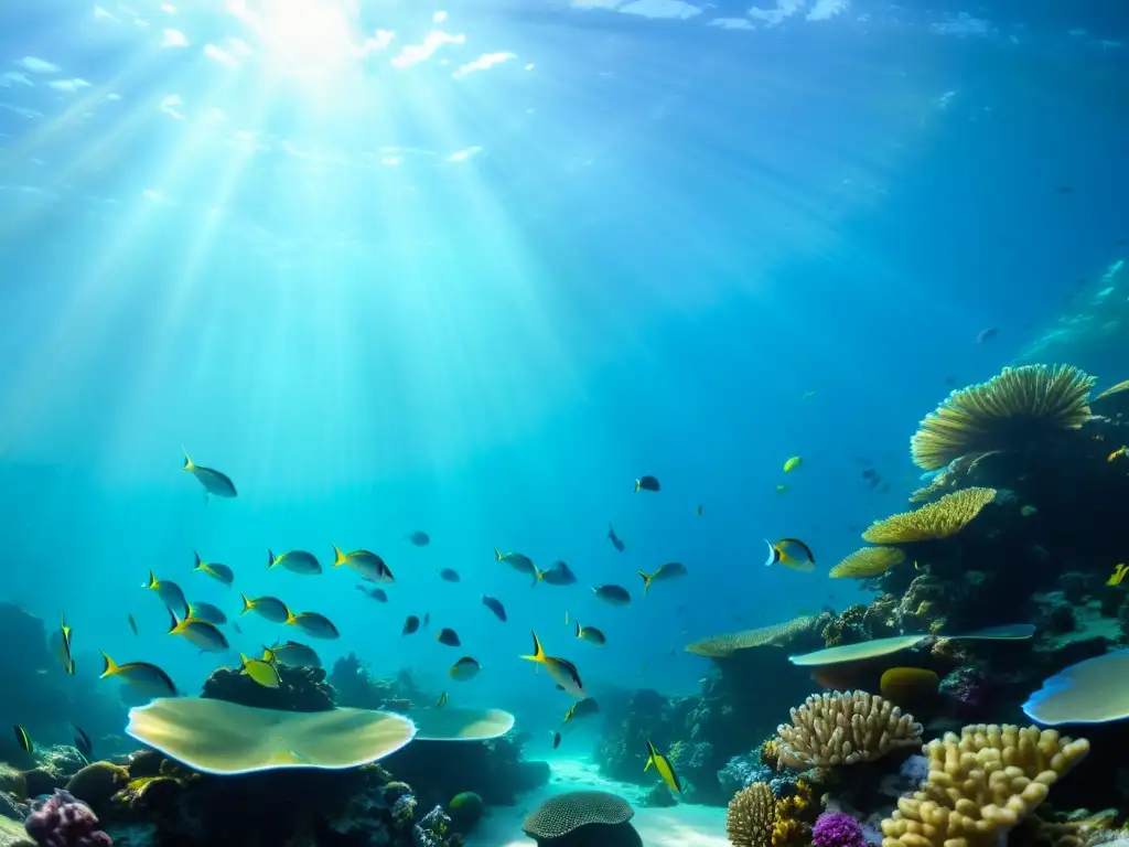 Un arrecife de coral vibrante y exóticos peces bajo el agua, evocando la influencia asiática en la alta gama de la cocina de mariscos