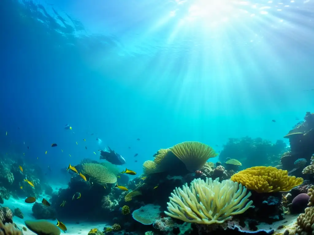 Un arrecife de coral vibrante y exuberante, habitado por peces coloridos, plantas marinas y anémonas