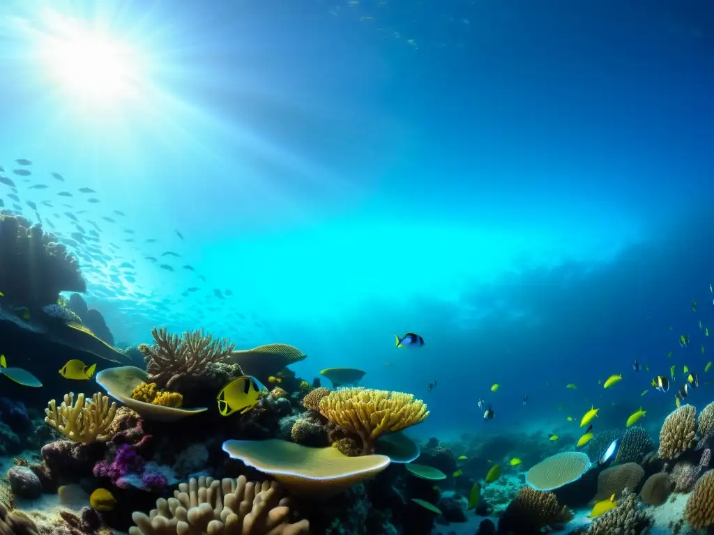 Un arrecife de coral vibrante, habitado por peces de colores, bajo la luz del sol