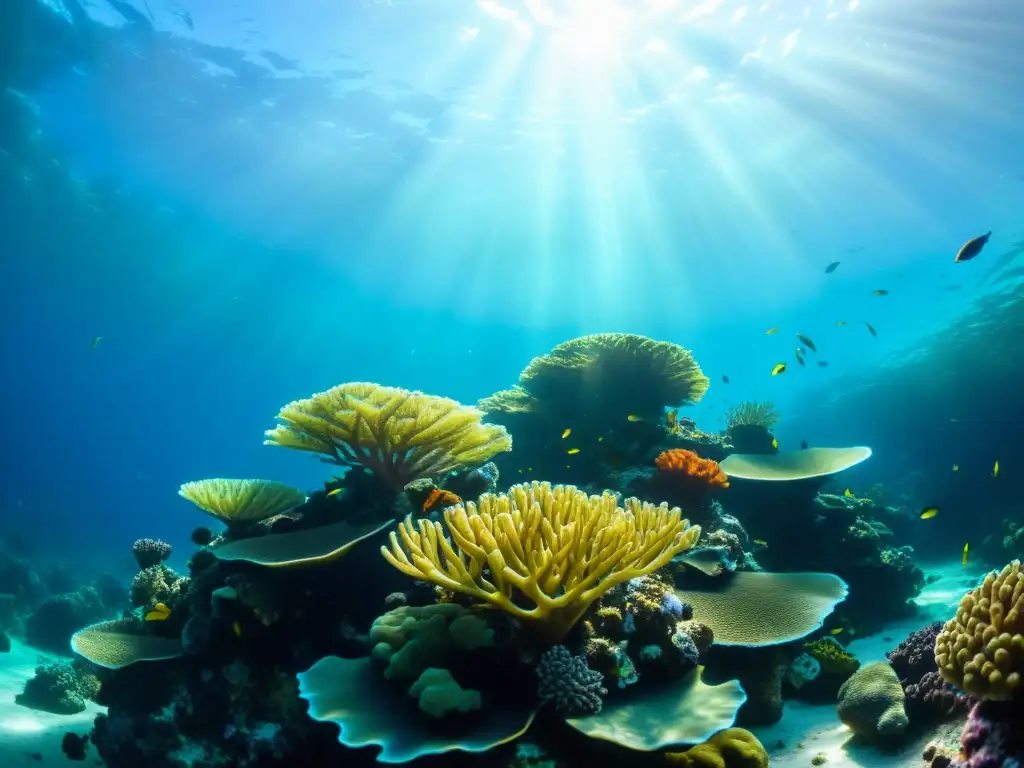 Un arrecife de coral vibrante, habitado por una diversidad de vida marina, bañado por la luz solar