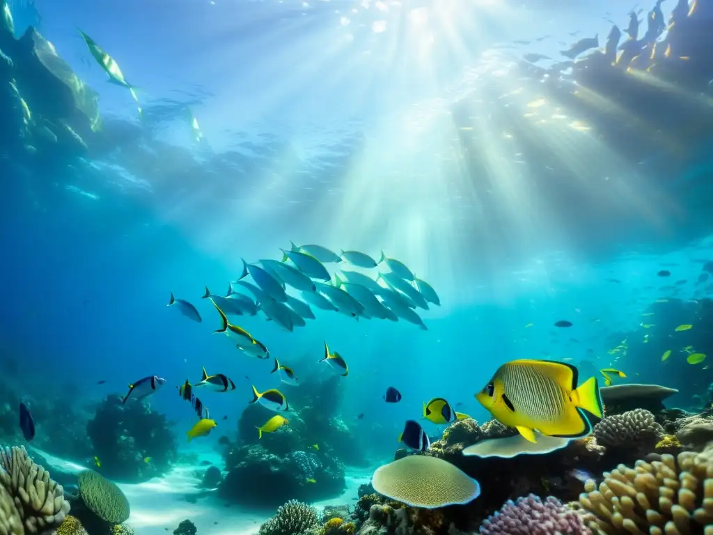 Un arrecife de coral vibrante, habitado por una escuela de peces coloridos