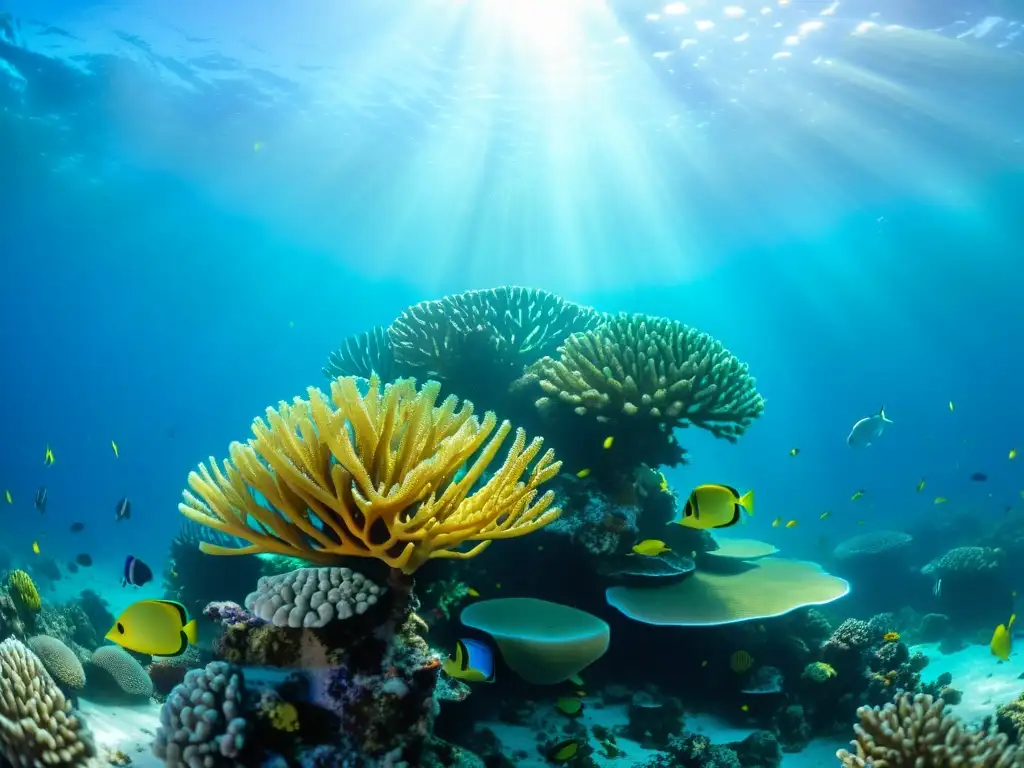 Un arrecife de coral vibrante, habitado por una variedad de peces tropicales, iluminado por la luz del sol