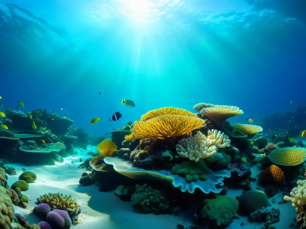 Un arrecife de coral vibrante en 8k muestra la importancia de los corales en el ecosistema marino, con peces y vida marina en colores brillantes