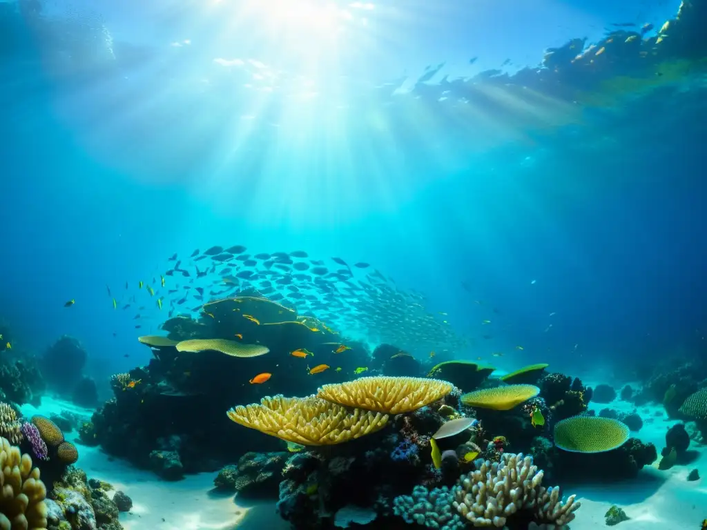 Un arrecife de coral vibrante y lleno de vida, con peces coloridos nadando entre el coral