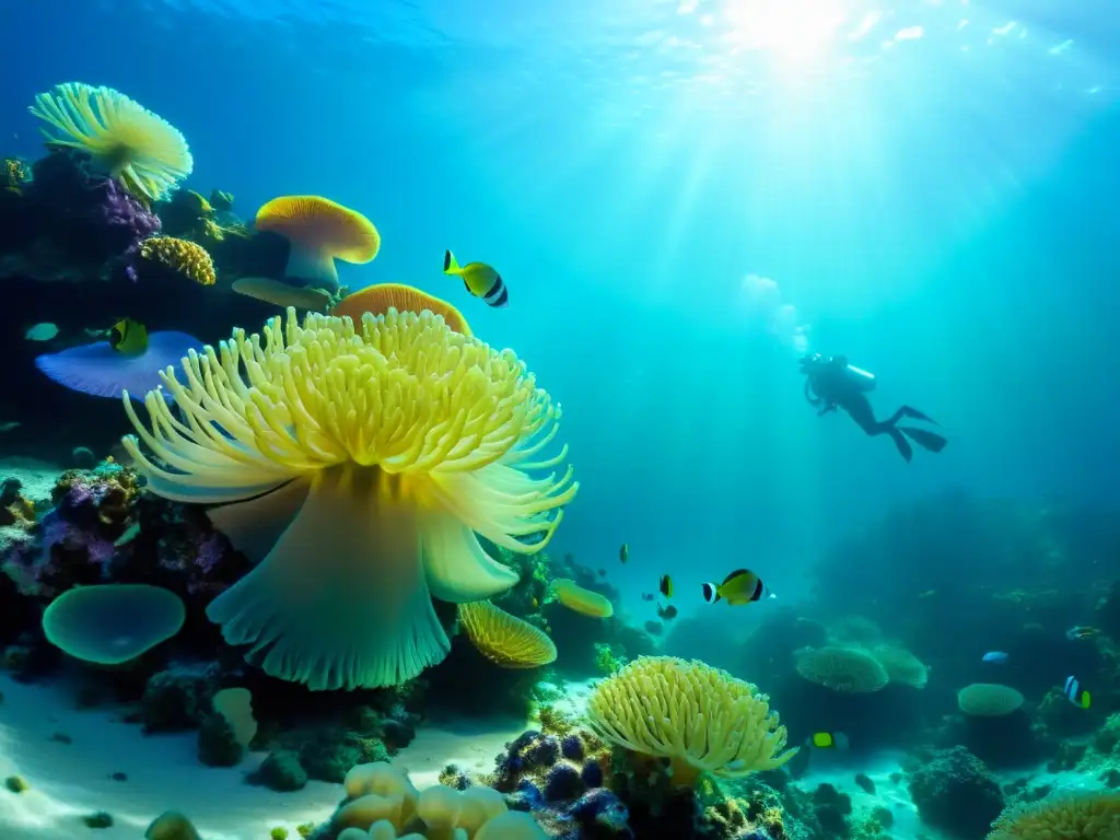 Un arrecife de coral vibrante lleno de vida marina exótica, con anémonas, peces iridiscentes y caballitos de mar