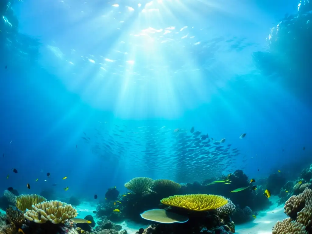 Un arrecife de coral vibrante lleno de peces y plantas marinas, con luz solar creando un baile de sombras